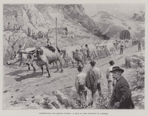 A Simplon-alagút építése, egy ökörcsapat, akik egy kazánt hoznak létre (litho) alkotó: English School