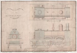Építési rajz, 0-4-2 mozdony és R. és W. Hawthorn and Co. pályázata a Stanhope and Tyne Railway Co. számára alkotó: English School