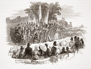 Aranyhárfa verseny a Royal Denbigh Eisteddfodban, mielőtt H.R.H. Susses hercege 1828-ban (acélmetszet) alkotó: English School