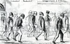 A Pentonville-i börtönben gyakorlatozó elítéltek Henry Mayhew és John Binny „A londoni bűnügyi börtönök és a börtönélet színterei” című művéből, 1862 alkotó: English School