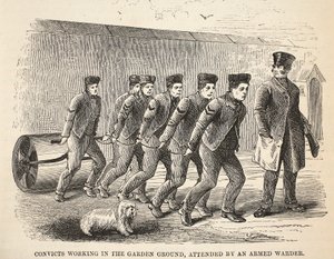 Elítéltek, akik a kertben dolgoznak, fegyveres őr kíséretében, illusztráció a londoni bűnügyi börtönökből, valamint Henry Mayhew és John Binny jelenetek a börtönéletből, kocsma. 1862 alkotó: English School