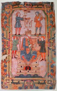 Cott Tib C VI f.30v David hárfán játszik, a Tiberius Psalterből, Winchester, 1050 körül (vellum) alkotó: English School