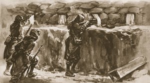 Házi ablakfüggönyök, mint Trench huroklyuk képernyők: francia módszer az ellenséges lövész megzavarására, a The Illustrated War Newsból, 1915 alkotó: English School