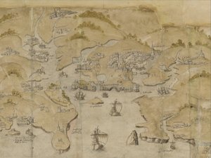 Pamut Augustus I. i. 38 Fowey és Salcombe közötti tengerpart térképe, beleértve Plymouth-ot is. A part panorámatérképének része Land