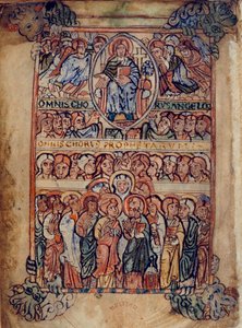 Cotton Galba A. XVIII, f.2v Krisztus a Felségben a szenvedés eszközeivel, valamint angyalok és próféták kórusaival körülvéve, illusztráció az „Athelstan Psalter”-ből (vellum) alkotó: English School