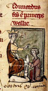 Cotton Nero D. II, f.191v Caernarvoni Edward (II. Edward) apja, I. Edward király megalkotta Wales hercegét és Chester grófját a lincolni parlamentben, 1301. február 7-én a Chronica Roffense-ből, Matthew által Párizs (vellum) alkotó: English School