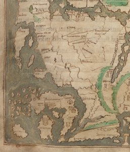 Cotton Tiberius B.V, 1. rész, f.56v A Tiberius-térkép, Mappa Mundi, Nyugat-Európa és a Brit-szigetek részlete (vellum) alkotó: English School