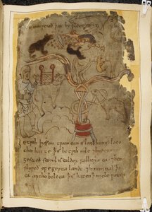Cotton Vitellius A. XV, f.101r, Három kutyaszerű hangya megtámad egy lekötött tevét, férfi tunikában, illusztráció Beowulfból, a „Nowell Codex”-ből (tinta pergamenre) alkotó: English School