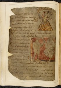 Cotton Vitellius A. XV f.103v, Fa, amelyből balzsam nő; egy donestre, egy vadfejű férfi, a bal oldalon egy emberi lábbal és egy személy, a jobb oldalon egy személy, illusztráció Beowulfból, a „Nowell Codex”-ből (tinta pergamenen) alkotó: English School