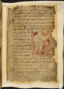 Cotton Vitellius A. XV f.104r, A panotii, azaz egy szárra kiálló fülű férfi, aki íjnak látszó tárgyat tart, illusztráció Beowulfból, a „Nowell Codex”-ből (tinta pergamenen) alkotó: English School