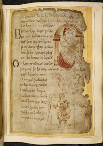 Cotton Vitellius A. XV f.106r, Egy férfi ül egy párnán egy boltív alatt; két catini, tátott szájú vadállat, mint a kutyák; egy taláros férfi bottal, kezét egy másik férfinak nyújtva, illusztráció Beowulfból, a „Nowell Codex”-ből (tinta pergamenen) alkotó: English School
