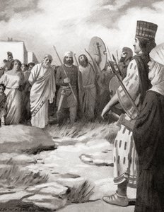 Lídiai Kroiszosz Nagy Kürosz előtt vezetett Szardisz elfoglalásakor, Kr.e. 546 körül, Hutchinson History of the Nations című könyvéből, 1915. alkotó: English School