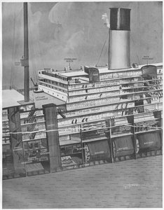 A Titanic keresztmetszete, amely bemutatja, hogyan jutnak fel az utasok a fedélzetre, a The Sphere-ből, 1912. május 11. alkotó: English School
