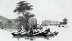 Átkelés a Deer Creek Platte-torkolatán, Howard Stansbury által a Utah-i Nagy Sóstó völgyének feltárásából és felméréséből, 1852. alkotó: English School