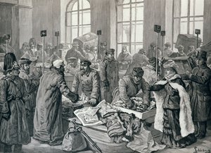 Vámtisztek, akik megvizsgálják az utasok poggyászát Németországból Wirballenben, az orosz határon, a „The Illustrated London News”-ból, 1887. január 29. alkotó: English School