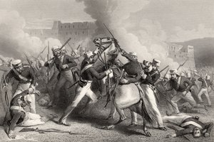 Adrian Hope dandártábornok halála a Roodmow erőd elleni támadásban, 1858. április 15., az 1858-ban kiadott "Az indiai lázadás története" című könyvből. alkotó: English School