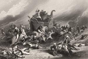 Rose tábornok 1858. április 1-én a Peishwas hadsereg legyőzése Jhansi előtt, az 1858-ban megjelent „Az indiai lázadás története” című könyvéből. alkotó: English School