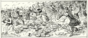 A nyugati szászok veresége a Budon-hegynél, Somerset, i.sz. 500 (kőnyomat) alkotó: English School
