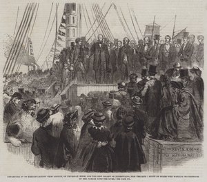 800 nonkonformista indulása Londonból, a héten csütörtökön, az új-zélandi Albertland új kolóniába, jelenet a Matilda Wattenbach fedélzetén a Passage down the River-en (metszet) alkotó: English School