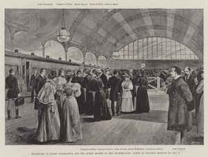 Vilmos királynő és a holland kormányzónő indulása, jelenet a Victoria pályaudvaron május 9-én (litho) alkotó: English School