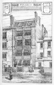 Tervezés a Bedford Gardens stúdiói számára, Campden Hill, London, „The Building News”, 1883. május 4. alkotó: English School