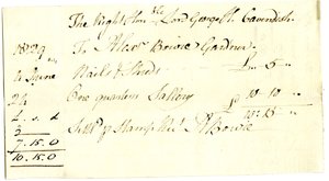 Devonshire MSS AS 3101, fólió a Pinder Simpson által Lord George Cavendish számára kiegyenlített számlacsomagból, beleértve Alexander Bowie számláját alkotó: English School