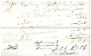 Devonshire MSS AS 3101, fólió a Pinder Simpson által Lord George Cavendish számára kiegyenlített számlacsomagból, beleértve Alexander Bowie számláját alkotó: English School