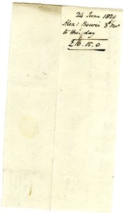 Devonshire MSS AS 3101, fólió a Pinder Simpson által Lord George Cavendish számára kiegyenlített számlacsomagból, beleértve Alexander Bowie számláját alkotó: English School