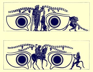 Dionysos, Hephaistos és szatírok, illusztráció a görög vázafestményekből, J. E. Harrison és D. S. MacColl, 1894-ben (digitálisan javított kép) alkotó: English School