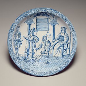 Edény Katalin királynővel, 1677-ben térdelő lovas cipővel (ónmázas cserépedény) alkotó: English School