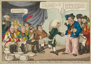 Doctor Boney_bringing the Powers to Pot ..., 1808-as kézzel színezett metszet. alkotó: English School