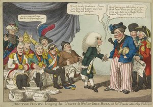Doctor Boney_hozza a hatalmakat Potba, vagy John Bull és barátai meglehetősen félénk kocsmában. 1808 (kézzel színezett metszet) alkotó: English School