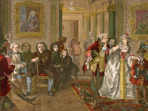 Dr. Johnson im Vorzimmer von Lord Chesterfield (farbige Gravur)