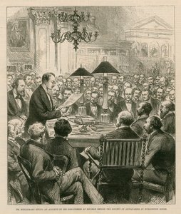 Dr. Schiemann beszámol a mykénéi felfedezéseiről a Burlington House-i Régiségkutató Társaság előtt alkotó: English School