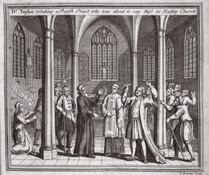Dr. Taylor megdorgál egy pápai papot, aki éppen misézni készült a Hadley templomban, illusztráció a Foxes Martyrs c.1703-ból alkotó: English School