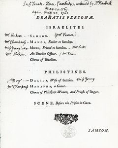 Dramatis Personae Sámsonnak, Händel oratóriuma, amely 1759-ben jelent meg alkotó: English School