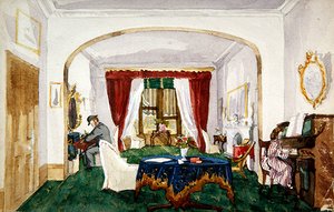 Szalonbelső, nő zongoránál, férfi tányérkalapban, 1850 körül (akvarell, papír) alkotó: English School