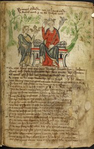 II. Edward trónon ül, bal kezében jogarral, és jobbjával megérinti a koronáját. Egy kis alak (talán Wales megszemélyesítése) egy másik koronát ajánl neki (valószínűleg Skócia koronáját). Úgy gondolják, hogy a második ábra egy alkotó: English School