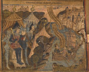 Yorki Edward Salisbury grófjaival és Warwickkal együtt Calais-ba indult a Ludford Bridge-i csatát követően. VI. Henrik király diadalmasan néz rá, illusztráció a „IV. Edward tipológiai élete és genealógiájából”, 1460-70 körül (vellum) alkotó: English School