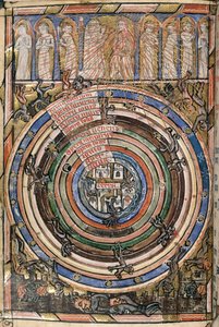 Egerton 2781, f.1v A menny és a pokol közötti szférák táblázata, illusztráció a „Hornby-órák Neville-éből”, 1340-50 körül (vellum) alkotó: English School