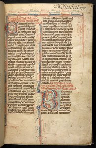 Egerton 3142, f.1r, Szöveg világító kezdőbetűvel, "B", a Historia Regum Britanniae-ből, Geoffrey, Monmouth, 1294 körül (vellum) alkotó: English School
