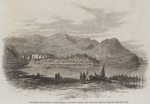 Eisteddfod vagy a walesi irodalmárok kongresszusa a Conway-kastélyban, a város és a Conway-kastély (metszet) alkotó: English School