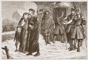 Egy magyar protestáns lelkész kiűzése télen, illusztráció: James Aitken Wylie (1808-1890) A protestantizmus története című könyvéből, pub. 1878 alkotó: English School