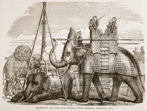 Csatára felszerelkezett elefánt, páncélzattal, howdah-val stb., illusztráció a Cassells Illustrated History of India-ból, James Grant, pub. 1879 alkotó: English School