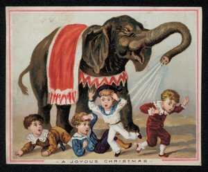 Elefánt játékosan zuhanyozó gyerekek vízzel, karácsonyi üdvözlőlap. (chromolitho) alkotó: English School