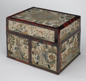 Hímzett koporsó, 1660 körül (selyem, vászon, fa, teknőspáncél és ezüst tartók)