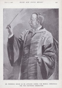 Sir Frederick Bridge angol zeneszerző, orgonista és karmester VII. Edward király elhalasztott megkoronázásán próbál. alkotó: English School
