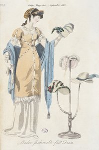 Angol divatlap, amely egy kalapot választó fiatal nőt ábrázol, 1812 alkotó: English School