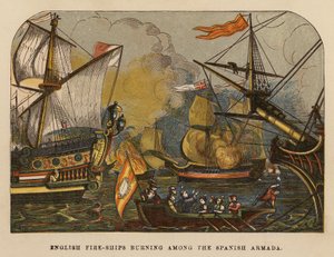 Angol tűzhajók égnek a spanyol armada között (színes metszet) alkotó: English School