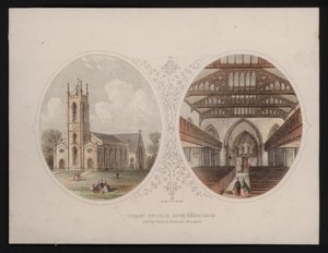 Christ Church külső és belső képe, Harrogate, Yorkshire (színes metszet) alkotó: English School